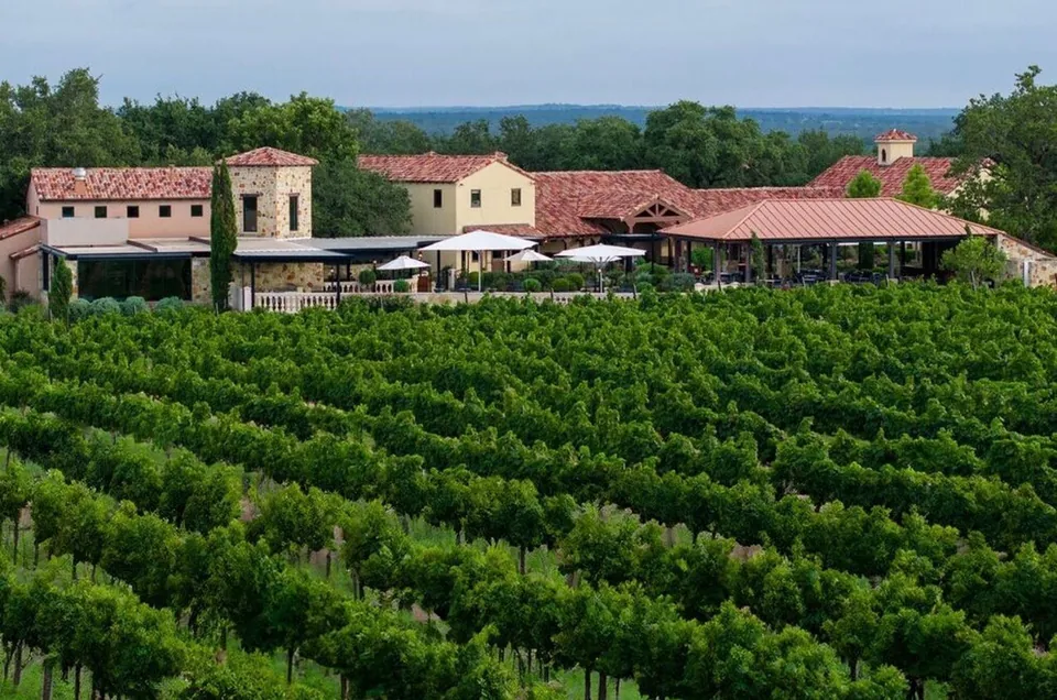 A Tuscan-style winery building overlooking rows of vines in Driftwood, Texas.